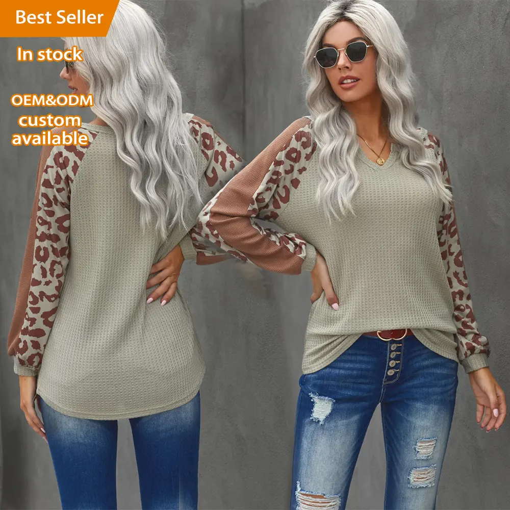 Lovedagear Western Boutique femmes moka imprimé léopard tricot gaufré à manches longues hauts pullover chemises sweat