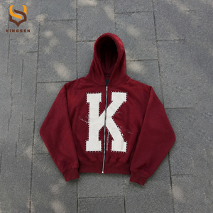 เสื้อฮู้ดดี้ทรงบ็อกซี่แบบครอปป์ ย้อมสีเอซิด ปักลายแบบดิสเทรสตามสั่ง OEM ผ้าฝ้าย 100% หนัก 500 กรัม ประดับคริสตัล ซิปหน้า สไตล์วินเทจ - Product Image 1