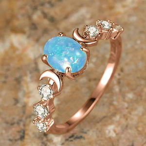 Anillo Ovalado de Ópalo Azul Chapado en Oro Rosa con Diseño de Luna y Detalles de Diamantes para Compromiso de Mujer, Estilo Bohemio, Gema de Moda - Product Image 3