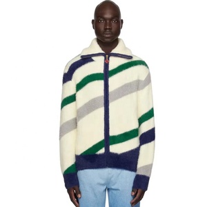<span class=keywords><strong>Pull</strong></span> en maille zippé personnalisé avec logo OEM & ODM pour homme – Nouvelle collection automne/hiver – Rayures grises et blanches en nylon peluche - Product Image 1