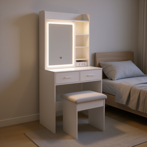 Tocador de maquillaje blanco con espejo LED, taburete acolchado y almacenamiento oculto para dormitorios pequeños, diseño moderno. - Product Image 2