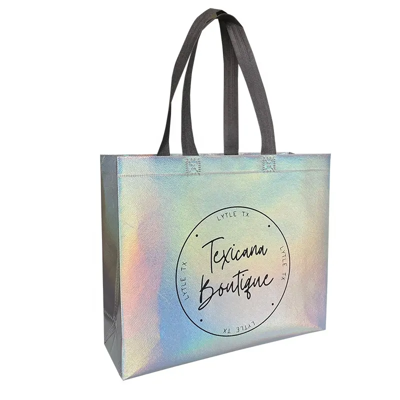 Sac à ultrasons non tissé Vente en gros Sac à provisions réutilisable hologramme étanche perle argent laminé non tissé avec logo imprimé