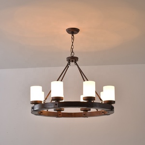 Lampadario in Legno Stile Fattoria per Sala da Pranzo, Lampada a Sospensione Rotonda con Paralume in Vetro per Cucina - Product Image 3