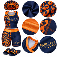 Ensemble d'entraînement uniforme de majorette personnalisé bleu marine et orange à motif léopard, comprenant un débardeur dos nageur et un short moulant, pour HBCU Battle Squad