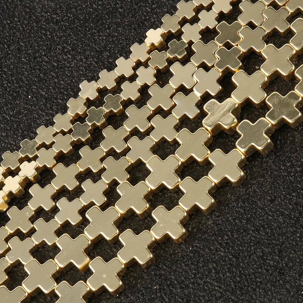 Manik-manik Batu Alam 4/6/8 Mm 9K Warna Emas Bentuk Salib Manik Longgar Hematite untuk Membuat Perhiasan DIY