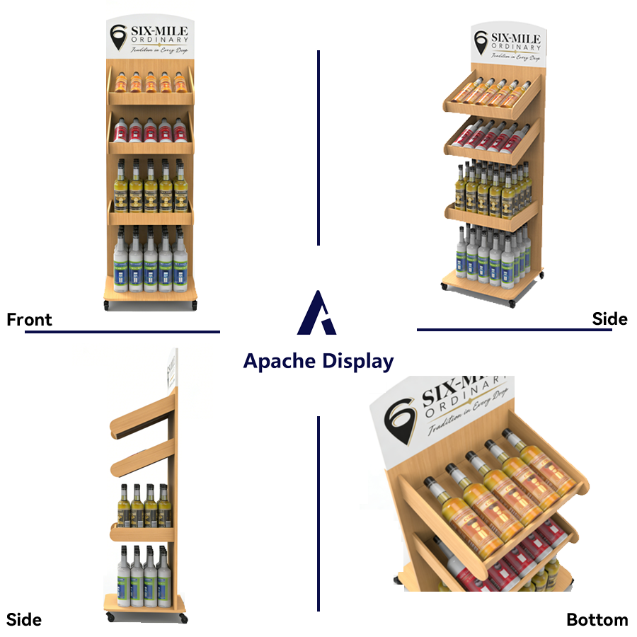 Apache Custom Modern 4-Tier for Floor Standing Beverage Display Stand Portable Rolling Wooden Bottle Rack Liquor Wine Retail — view 5