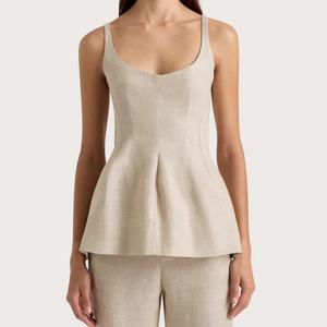 Conjunto Casual de Dos Piezas para Mujer, Chaleco y Pantalones de Lino con Cuello Redondo, Estilo Veraniego para Oficina, Ropa de Estar en Casa - Product Image 4