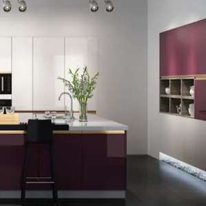 Pemasok Tiongkok kabinet gantung kayu mdf finish glossy ungu kustom desain furnitur lemari dapur modern