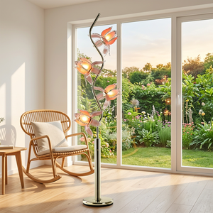 Lampe sur pied moderne à 4 lumières en forme de lotus, base en laiton, abat-jour en verre rose, lumière LED blanc chaud pour la décoration du salon et de la chambre - Product Image 1