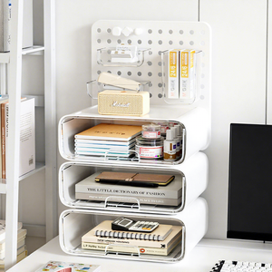 White <b>Plastic</b> Pegboard Desk Organizer with <b>Drawers</b> Wall Mounted <b>Storage</b> Unit Office Study Dormitory - Product Image 4