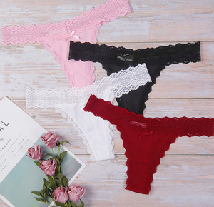Sexy Lace Thong For Women Ribbed Cotton G-<b>String</b> Low Rise Bow Panties Breathable Soft Underwear Wholesale - Product Image 5