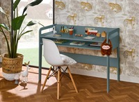 Bureau d'enfant blanc au design élégant, pliable, portable, réglable, extensible, lignes arrondies, surface de travail et compartiment de rangement