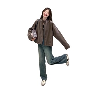 Maillard Coffee-Brown Solid <strong>Petite</strong> Leather Womens 2025 Autumn New Arrival High-End Street-Style <strong>Biker</strong> <strong>Jacket</strong> Shorter Frames - Product Image 5