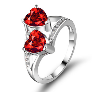 Bague Offre Spéciale luxe cuivre pierres précieuses bague de <span class=keywords><strong>doigt</strong></span> coloré Zircon bague dames Double coeur diamant fiançailles <span class=keywords><strong>doigt</strong></span> - Product Image 6