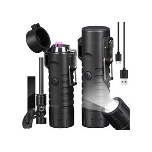 Outdoor Aluminum Alloy Waterproof <b>LED</b> Flashlight Cigarette Lighter <b>Rechargeable</b> USB 3 Modes Windproof Camping Travel Tool - Product Image 1