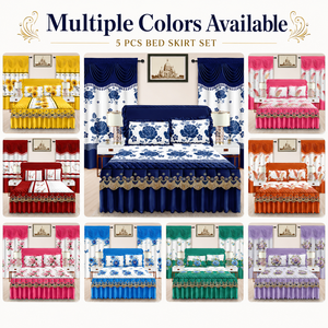 Ready to Ship Printed 5 Pieces Bed Skirt Set with <strong>Valance</strong> Curtains <strong>King</strong> <strong>Size</strong> Bedding Set - Product Image 1