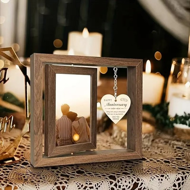 Retro Dark Brown Wooden Double-Sided Rotating Photo Frame, 6 & 7 Inch Picture Display Stand, Festival Decorative Frame