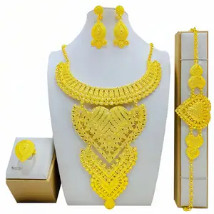 Set perhiasan warna emas Dubai India untuk wanita Set kalung panjang pengantin kalung Choker Nigeria Set cincin anting-anting gelang