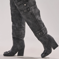 Bottines tendance pour femmes, nouveau design en denim, talon épais, au-dessus du genou, bottines personnalisées pour femmes