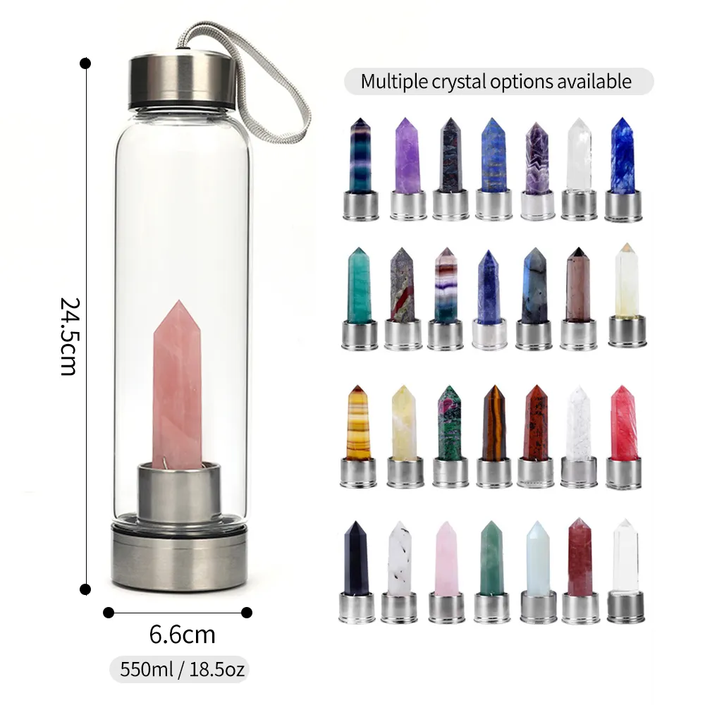 Garrafa de água de cristal ecológico com gotas de quartzo rosa, garrafa de cristal natural caída, garrafa de água de quartzo transparente de ametista