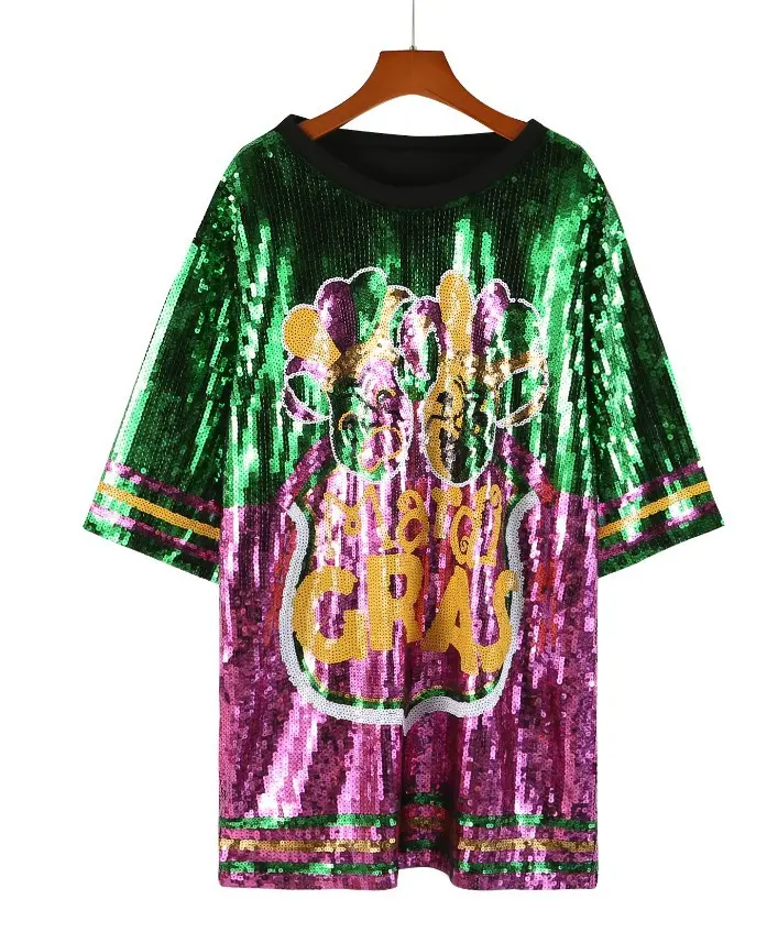 Good Quality Mardi Gras Sequin Green Pink Purple Long T-shirt Dress Custom Women Apparel Clothing Mardi Gras Blouse Wholesale