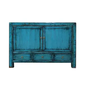 Beijing high quality antique blue ocean color decorated cabinet classic wooden hand painted furniture