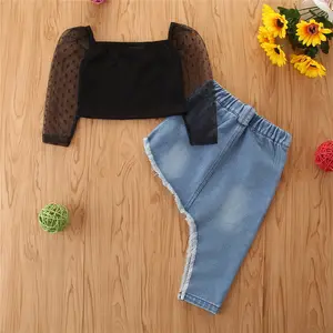 2021 फैशन ग्रीष्मकालीन कपड़े सेट बच्चा लड़की के लिए काला फीता आस्तीन फसल शीर्ष + विषम जीन स्कर्ट 2-6 टी