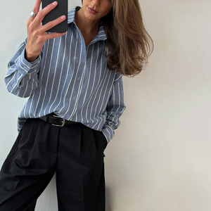 Nuova Collezione Primavera: Camicie da <span class=keywords><strong>Donna</strong></span> alla Moda, Vestibilità Ampia, Spalle Scivolate, Maniche Lunghe, a Righe, Traspiranti in <span class=keywords><strong>Lino</strong></span>-Cotone, per Lavoro e Uso Quotidiano - Product Image 1