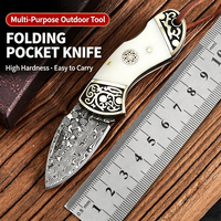 Couteau pliant en acier Damas avec manche en os de vache, portable, pour cuisine, extérieur, utilitaire, couteau de poche à fruits, en stock chez les fabricants