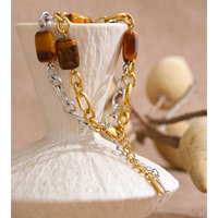 Pulsera de Cadena Chapada en Oro de Acero Inoxidable de Moda XY 2046, Pulsera de Estilo Distintivo con Cuentas Geométricas de Piedra Natural Marrón
