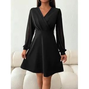 Mode Outfits A-Linie lässige Robe 2024 neue Mode sexy elegante Damen V-Ausschnitt lange Ärmel solide Frauen lockere Midi-Kleider