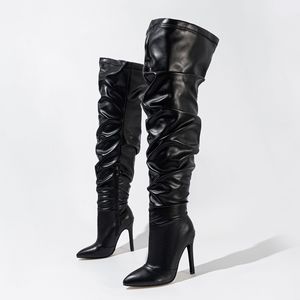 Bottes pour femme, style boîte de nuit, en cuir noir, talons hauts, dernier design, bottes sexy au-dessus du genou pour femme - Product Image 4