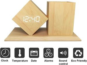 Đồng hồ báo thức đa năng bằng gỗ hình khối, quà tặng học sinh, hiển thị nhiệt độ, ngày và đèn - Product Image 5