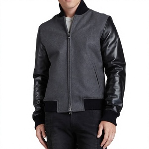 Chaqueta Bomber Gris para Hombre con Mangas de Cuero PU Negro, Cuello Alto, Cierre de Cremallera, Prenda Informal para Invierno - Product Image 1