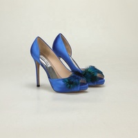 Vente en gros OEM ODM Escarpins à plateforme et à talon aiguille, bleu roi, en satin, à motif plumes de paon, à bout ouvert, style D'Orsay, pour soirée