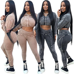 Peeqi NY8199 kış güz kadın kıyafetleri uzun kollu pamuk yıkanmış asit mahsul ceket ve pantolon 2 parça Set Lady Vintage Streetwear - Product Image 3