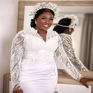 Mumuleo cuello en <span class=keywords><strong>V</strong></span> árabe Aso Ebi de talla grande perlas pesadas cuentas sirena vestido de novia ilusión manga larga satén vestidos de novia de lujo - Product Image 1