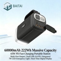 Station d'alimentation portable à charge rapide PD 65W, 60000mAh, 222Wh, double sortie USB, écran numérique, lumière LED 7W, générateur de secours pour le camping