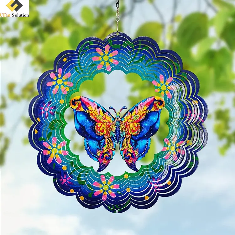 12 pollici appeso farfalla regalo metallo acciaio inossidabile taglio Laser spirale sublimazione vento Spinner per regali di ornamento di natale
