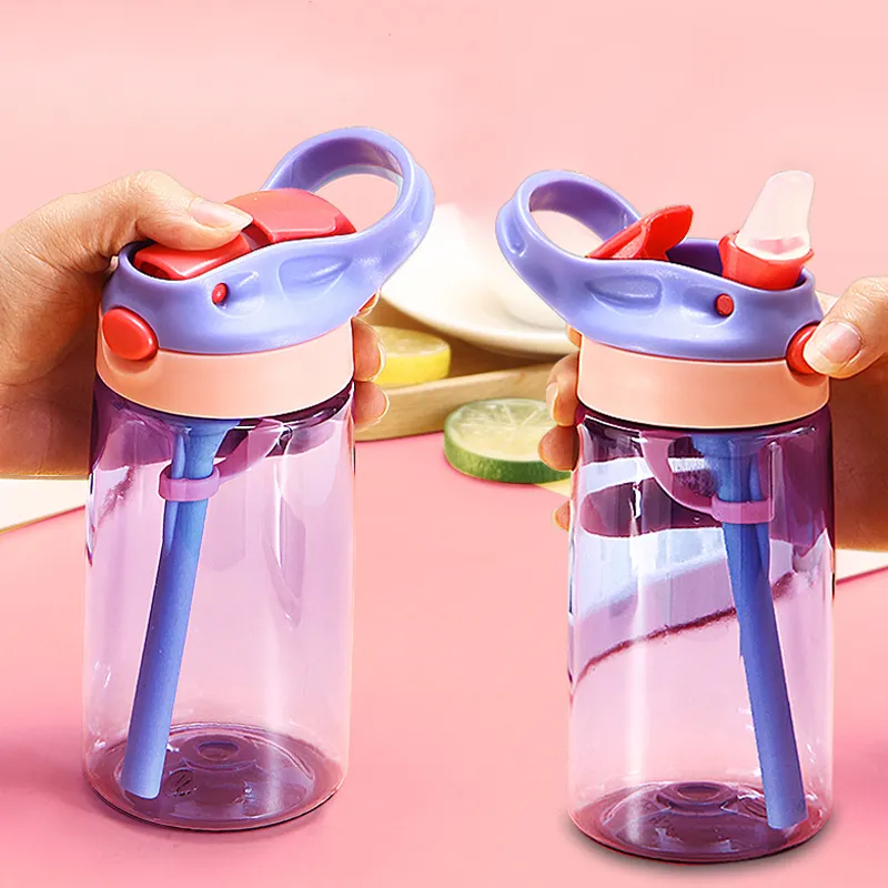 Logotipo personalizado Bpa-free Baby Cute School Garrafa de água Leakproof Sippy Cup Plastic Kids Sport Bebida Garrafa de água com palha