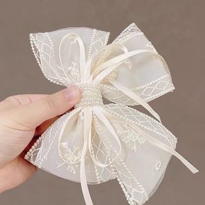 Pinza de pelo de encaje para vacaciones de verano, pasadores de pelo con nudo de lazo blanco y negro para mujer, horquilla elegante con lazo de malla - Product Image 3