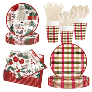 DAMAI Customized Christmas Party Tableware Set Disposable Plaid <b>Pattern</b> <b>Paper</b> Plate Cup Napkins Decoration Christmas Supplies - Product Image 1
