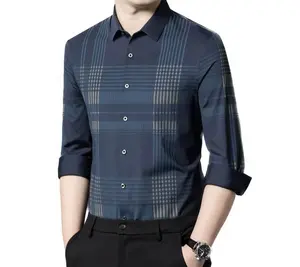 Men Man Long Sleeve Casual Dress Formal Collarless Mens Model Custom Printed Clothes Slim Fit Latest Check Designs For Shirt