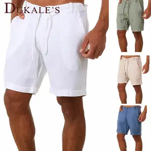 膝盖长度宽松男士夏季亚麻短款手提包货短裤步行沙滩短裤适合男士亚麻短裤男士带抽绳