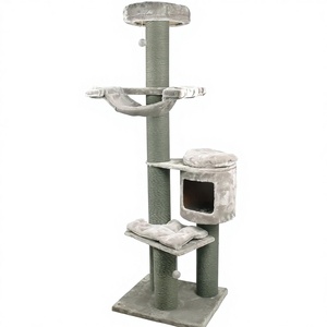 Arbre à chat moderne en bois massif, artisanal, multi-niveaux, avec condo en peluche, poteaux à gratter verticaux en sisal et jouet suspendu pour salon - Product Image 1