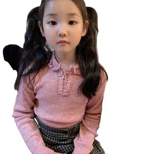 2023 Autumn Girls' Wool Polo Collar Underlay Wooden Ear Lace Pit Stripe Knitwear Thin Long Sleeve Pullover