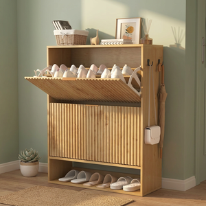 Modern Midcentury Wooden <b>Shoe</b> <b>Storage</b> Cabinet Adjustable Shelves Side Hooks Anti-Tipping Freestanding for Living Room Furniture - Product Image 3