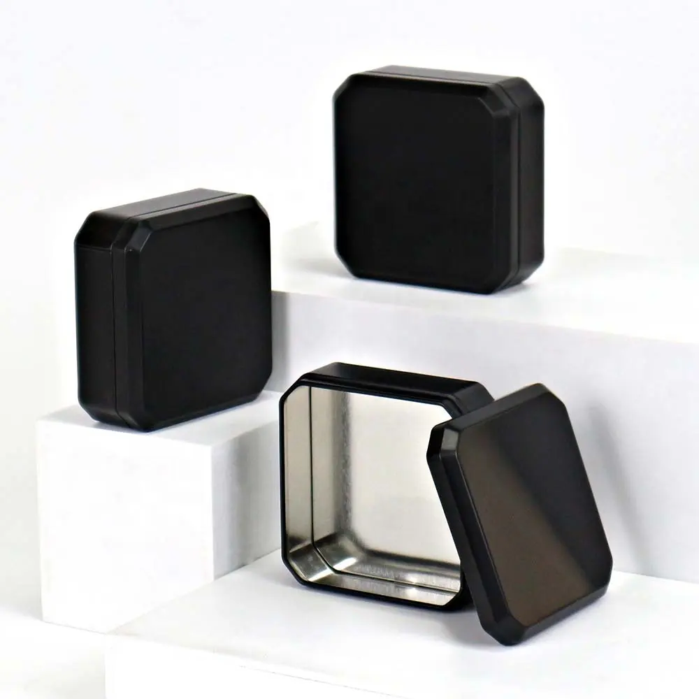 Lata de Metal pequeña cuadrada negra mate personalizada para aperitivos, dulces, té, joyería, organizador de regalos, caja de lata para reloj