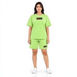 Conjunto de 2 Piezas para Mujer, Camiseta y Pantalones Cortos Verdes, Corte Holgado, Manga Corta, Cuello Redondo, Pantalones Cortos con Cordón, 100% Algodón, Deportivo, Verano - Product Image 1