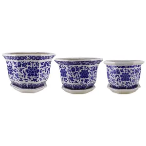 RZQM08-L-M-S 3 tamanhos Porcelana azul e branca Torcida flor padrões octogonal forma cerâmica pot plantador